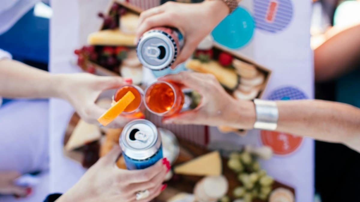 A lively outdoor gathering with friends toasting with beverages at a festive picnic.