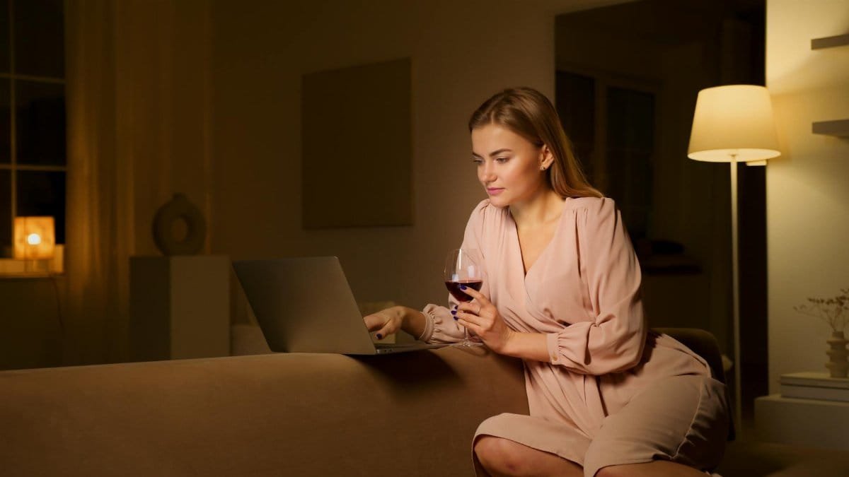 A woman enjoying a glass of wine while browsing a laptop in a cozy, dimly-lit room.