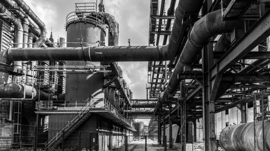 Monochrome image of industrial architecture at Zollverein Coal Mine, Essen, Germany.