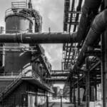 Monochrome image of industrial architecture at Zollverein Coal Mine, Essen, Germany.