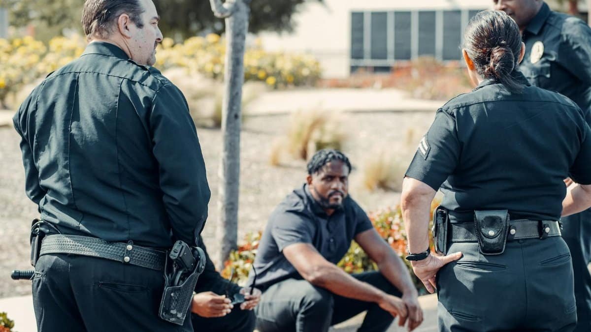 Police officers interacting with a seated individual outdoors during daylight.