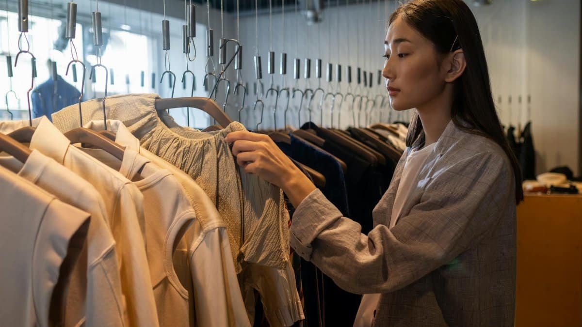 An Asian woman browsing clothing in a boutique shop, examining fashion items on hangers.