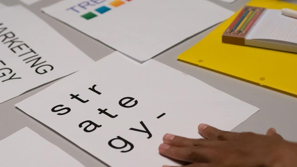 Close-up of marketing strategy notes and colorful trends sheet on a table for planning session.