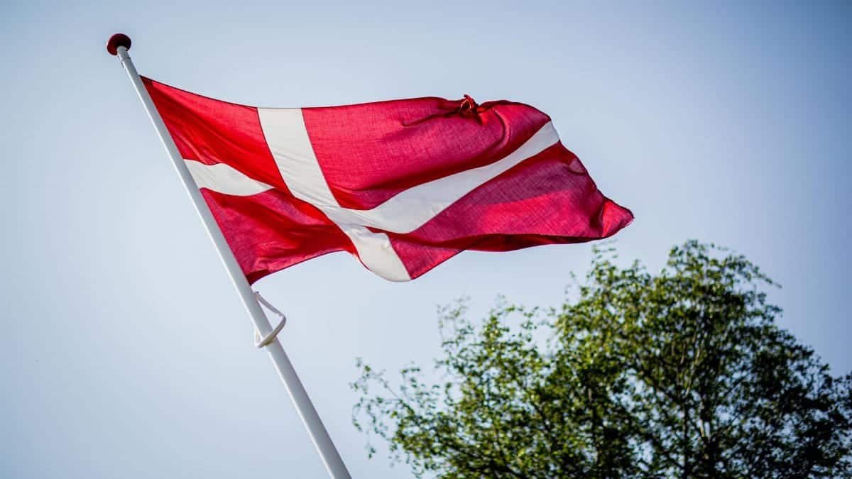 Low angle view of Denmark's flag waving on a pole against a clear blue sky with a tree in the foreground.