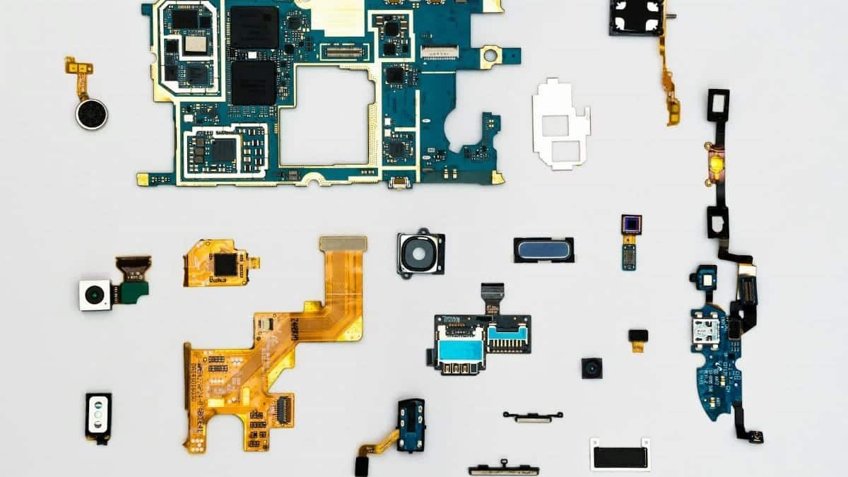 Exploded view of smartphone components showcasing intricate technological design.