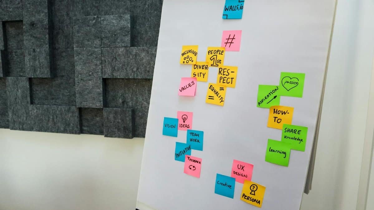 An office whiteboard filled with colorful sticky notes showcasing teamwork and creativity concepts.
