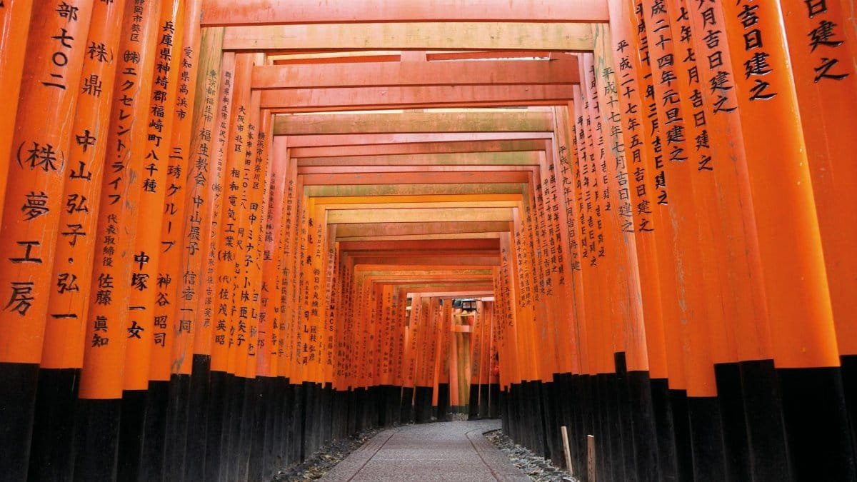 A stunning view of vibrant red torii gates at the Fushimi Inari Shrine in Kyoto, Japan.