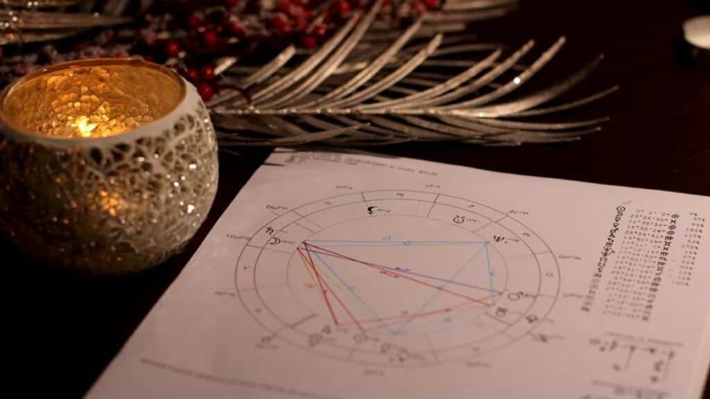A warm, candlelit setting featuring an astrology natal chart, perfect for divination themes.