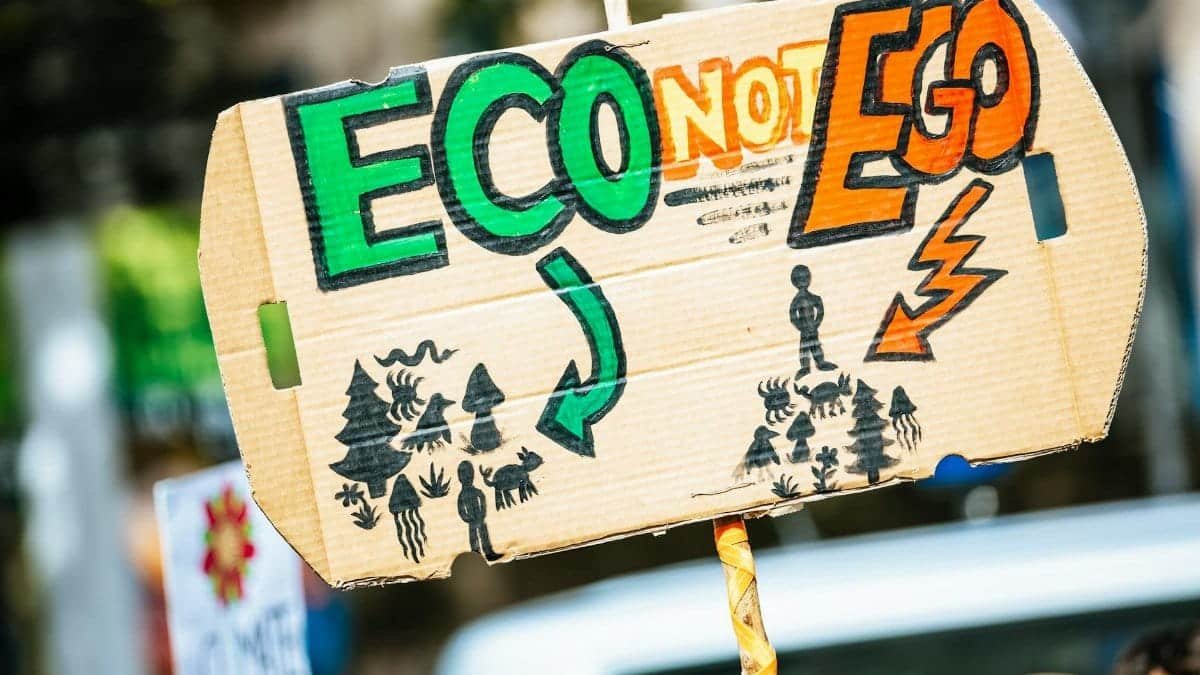 Close-up of a cardboard protest sign with 'Eco Not Ego' message at a climate rally.