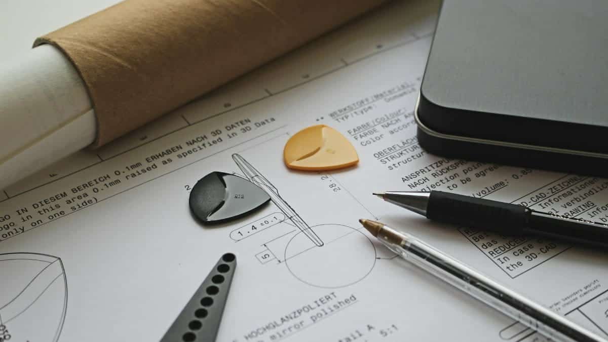 A technical engineering draft with guitar picks, pens, and a roll of paper showcasing precision and creativity.