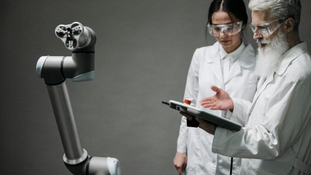 Researchers in lab coats and safety glasses engaging with a robotic arm in a lab setting.