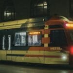 A METRO train in Houston at night, showcasing urban transportation in the city's downtown area.