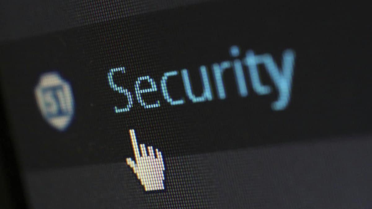 Close-up view of a mouse cursor over digital security text on display.