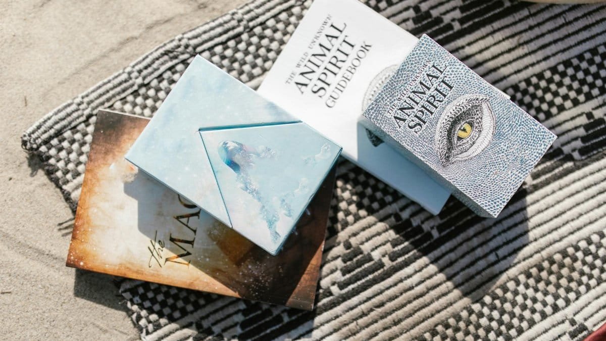 Animal spirit guidebooks placed on a patterned beach blanket in sunlight.