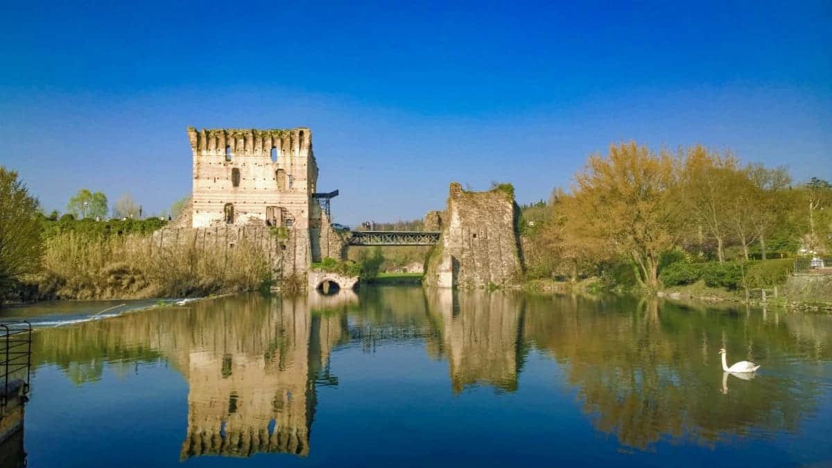 Ancient castle ruins reflecting on a serene lake with a lone swan, under a clear blue sky.
