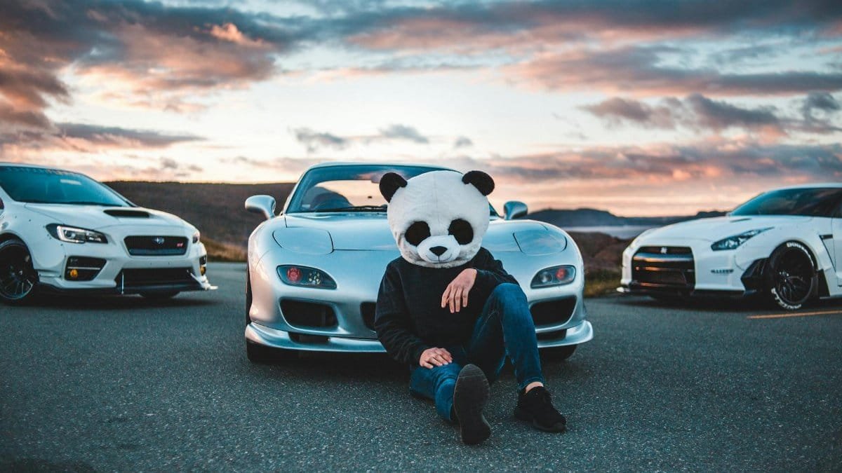 A unique street scene featuring a person in a panda mask surrounded by sports cars at sunset.