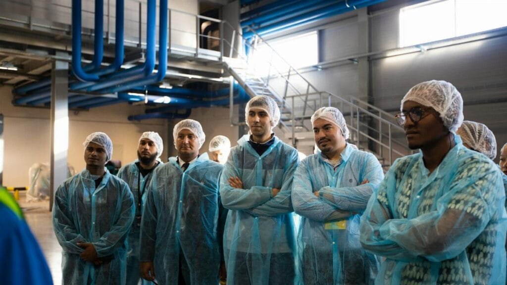 Group of diverse workers wearing blue protective clothing in an industrial setting.