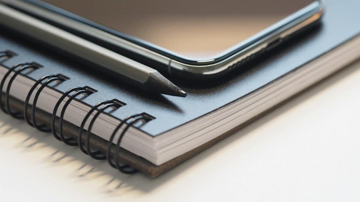 Close-up of a spiral notebook, smartphone, and pencil on a desk, highlighting modern workspace essentials.