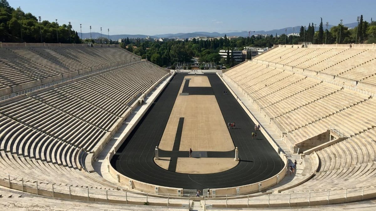Panathenaic Stadium in Athens, Greece, showcasing its historical marble structure.