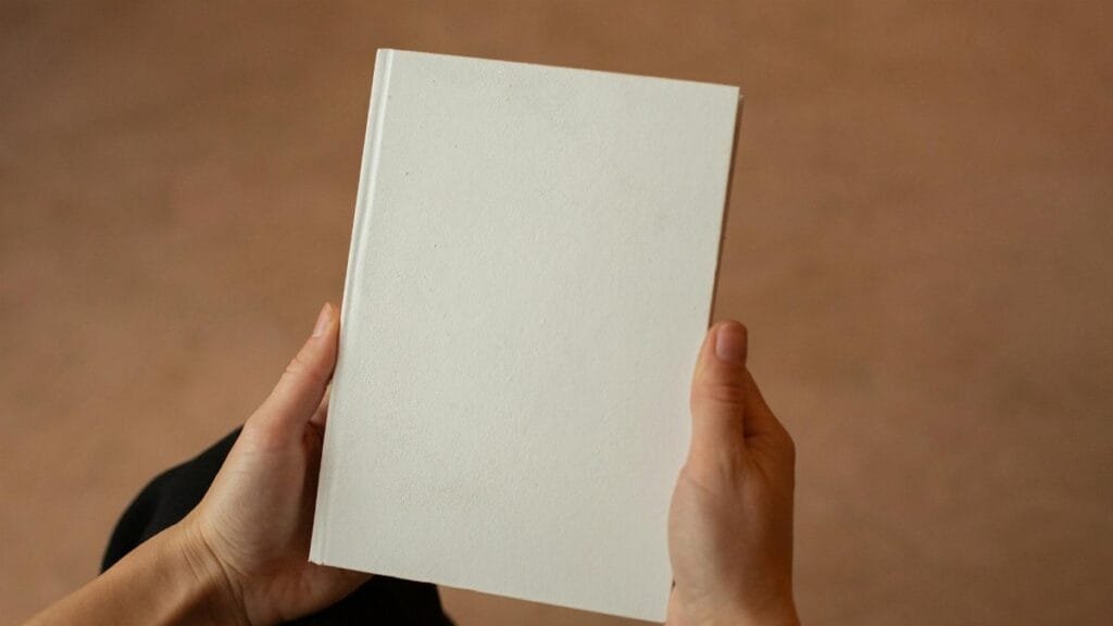 A person holding a blank hardcover book. Perfect for mockup and design templates.