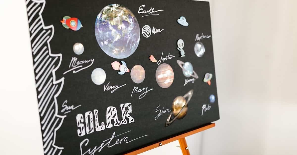 A creatively designed solar system poster displayed on an easel in a classroom setting via Pexels