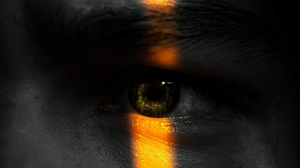 Close-up of an eye with vivid contrast of light and shadow, evoking mystery and introspection.