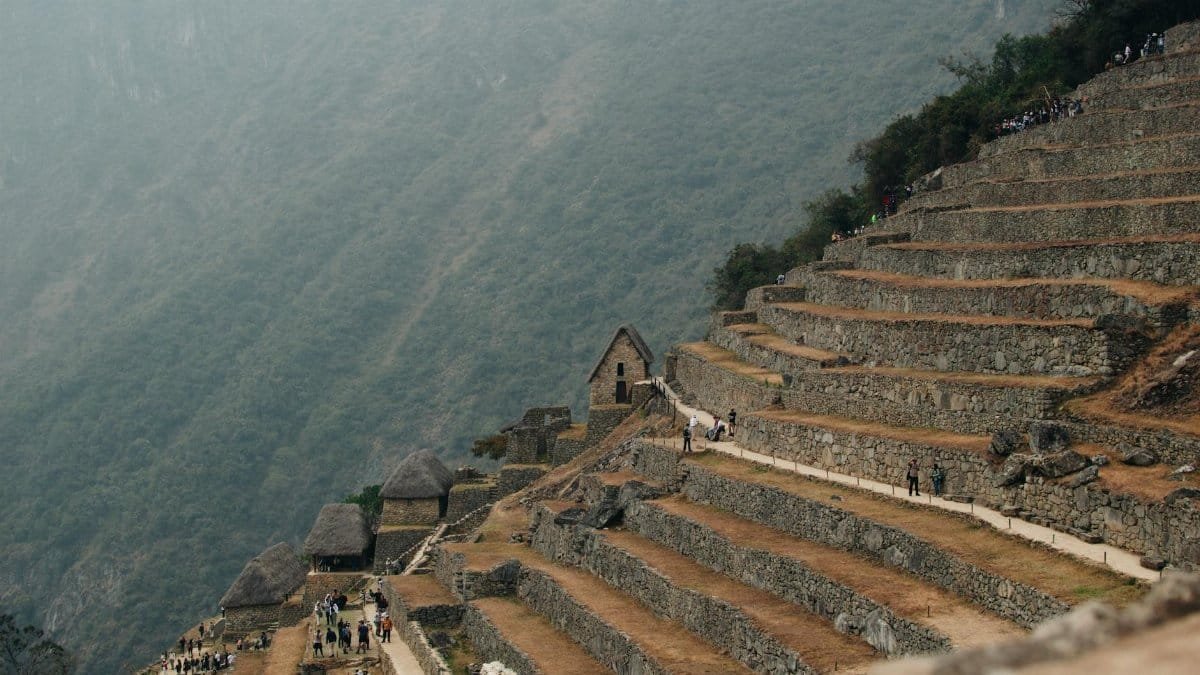Explore the ancient stone terraces of Machu Picchu located in the Andes Mountains of Peru.
