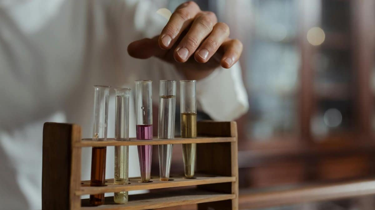 Close-up of a hand handling test tubes in a laboratory showcasing scientific research.