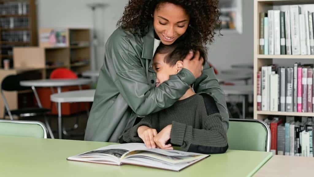 A caring teacher embraces a student in a library, fostering a warm and supportive learning environment.