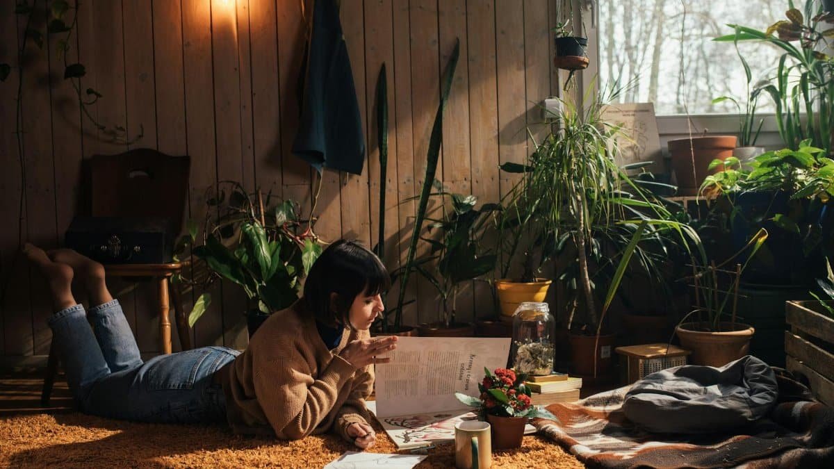 A woman reading in a cozy room filled with lush indoor plants and warm lighting.