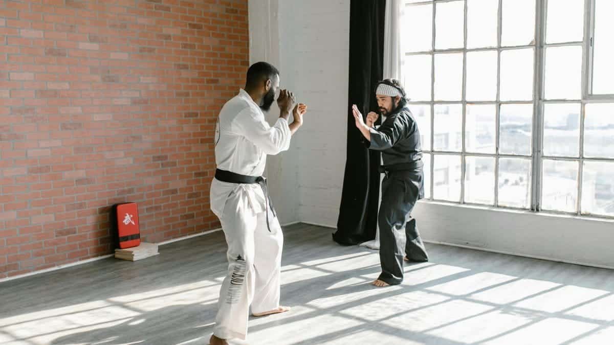 Two martial artists practicing combat techniques in a sunlit dojo.
