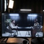 A podcast recording session in a studio with hosts in conversation, captured on screen.