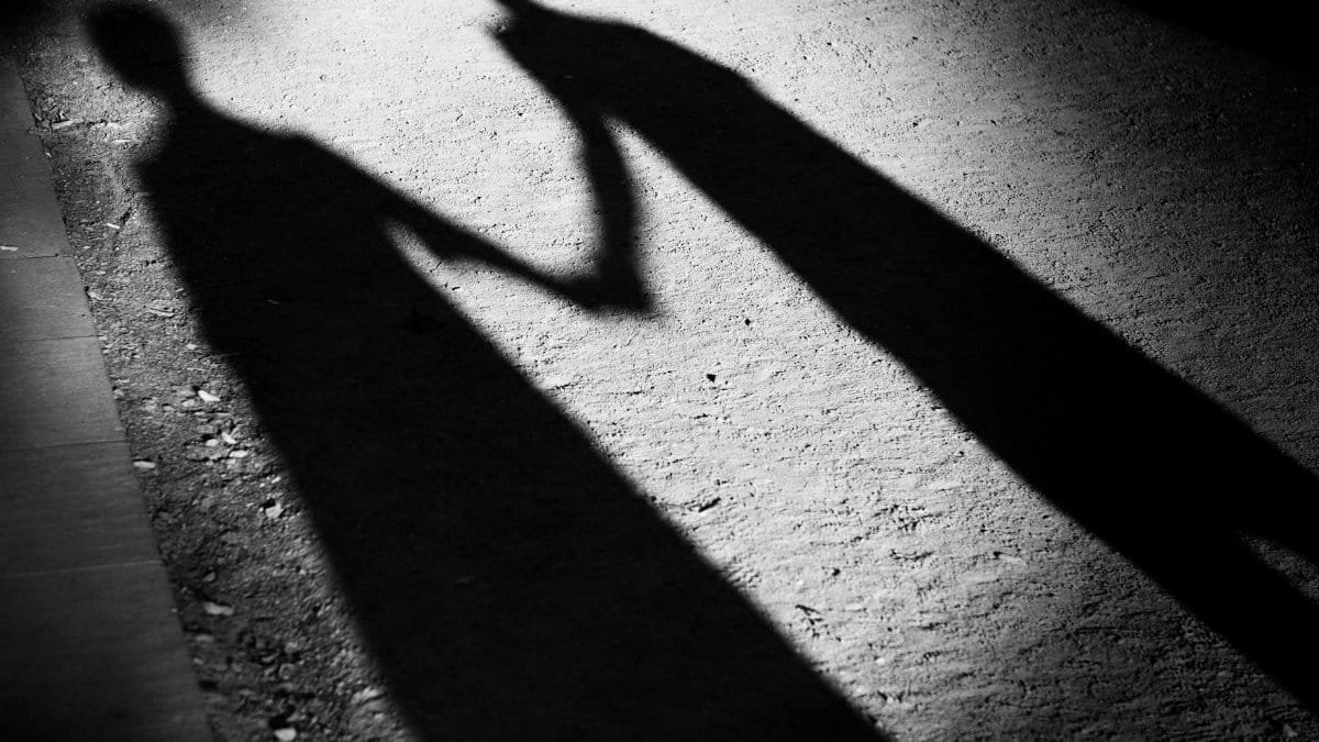Shadows of two people holding hands on a sunlit dirt path, creates a dramatic black and white scene.