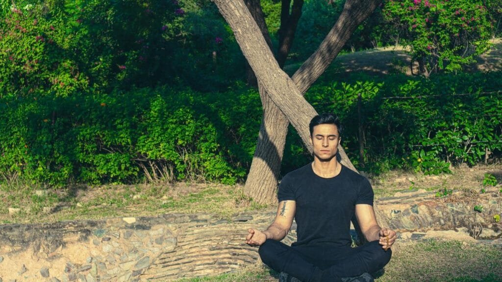 Man meditating peacefully in a lush Jaipur garden, embracing wellness and relaxation.
