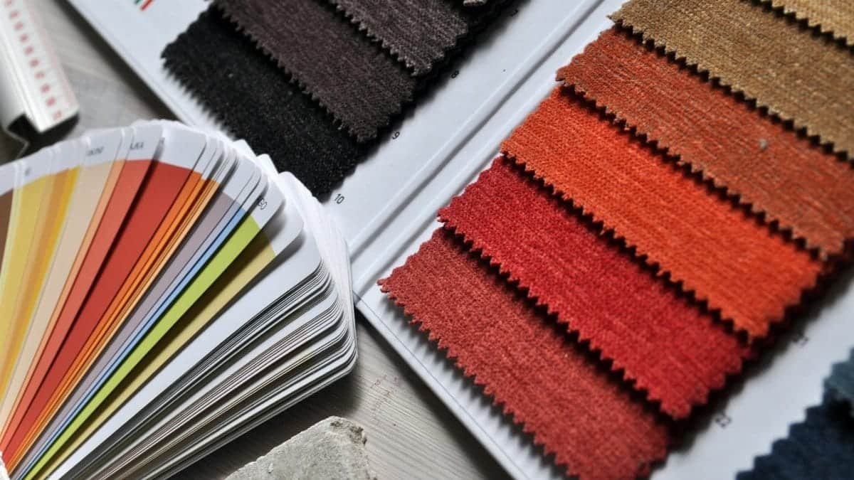 Close-up of fabric swatches and color palette, ideal for interior design and textile projects.