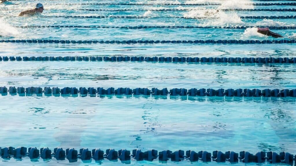 Athletes swimming in Olympic-size pool during a race.