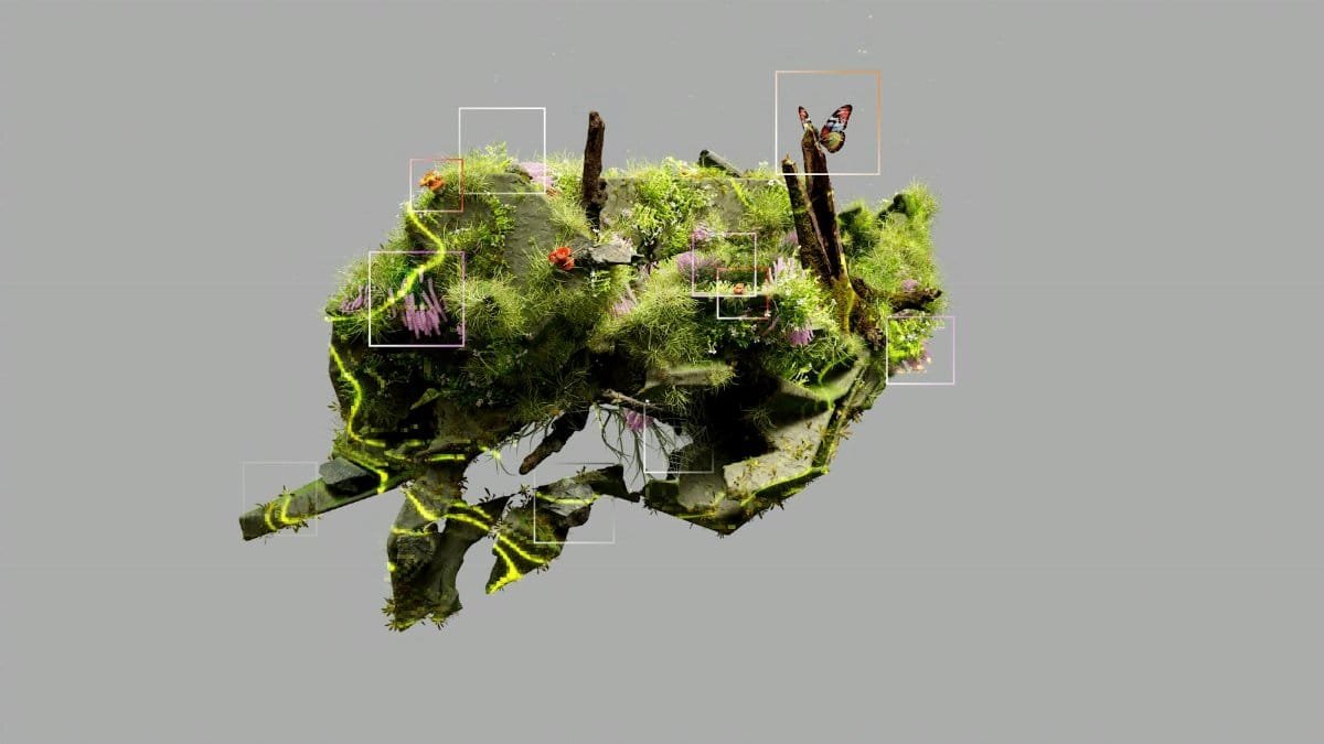 3D rendered abstract eco-system depicting nature and technology symbiosis.