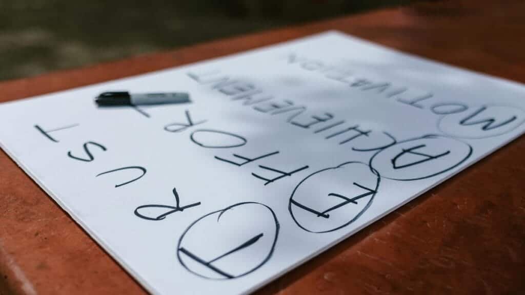 A paper with motivational words and markings placed outdoors on a table.