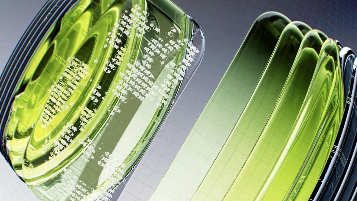 Abstract image of a glass lens with intricate geometric patterns and green hues.