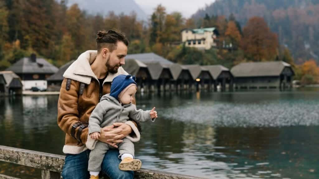 Father holds child by a scenic lake with autumn foliage, enjoying outdoor family time.