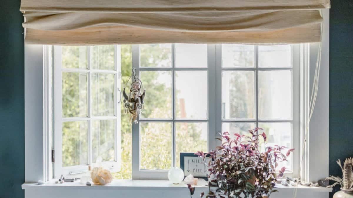 A serene indoor window scene with a dreamcatcher, crystals, and potted plant.