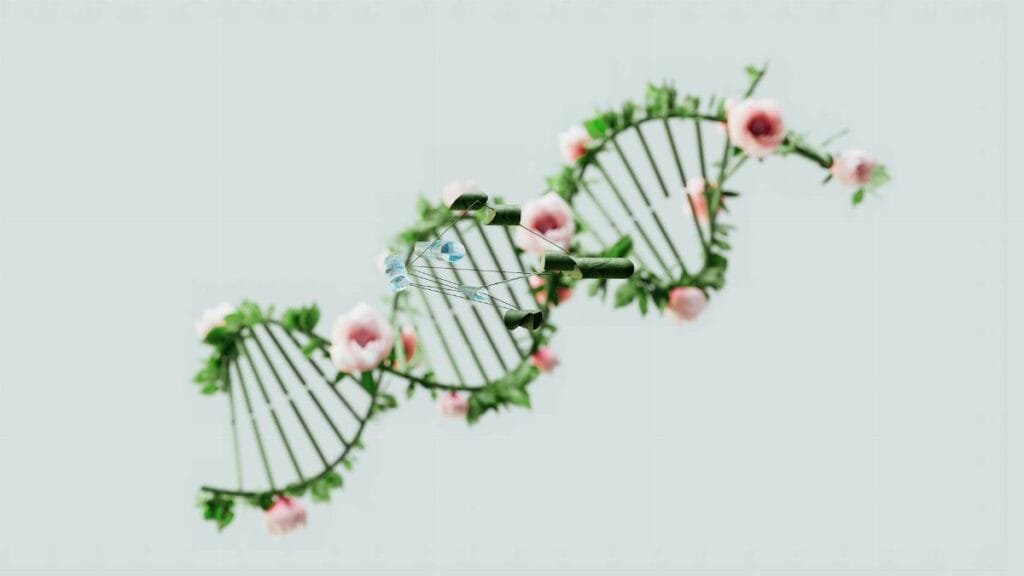 A conceptual representation of a DNA helix adorned with pink flowers and green leaves.