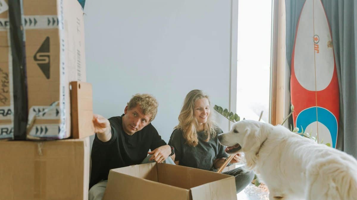 A cheerful couple unpacking boxes with their playful dog in a bright, modern living room.