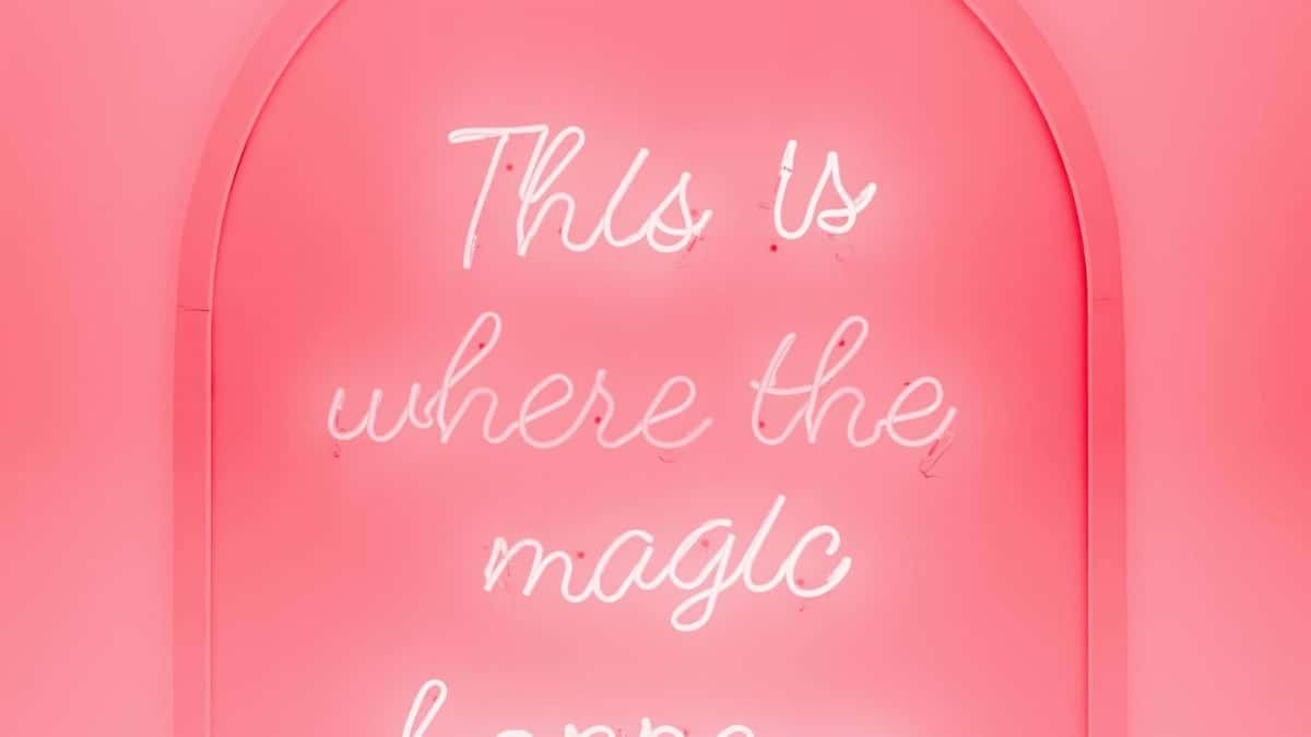 Bright pink neon sign saying 'This is where the magic happens'.