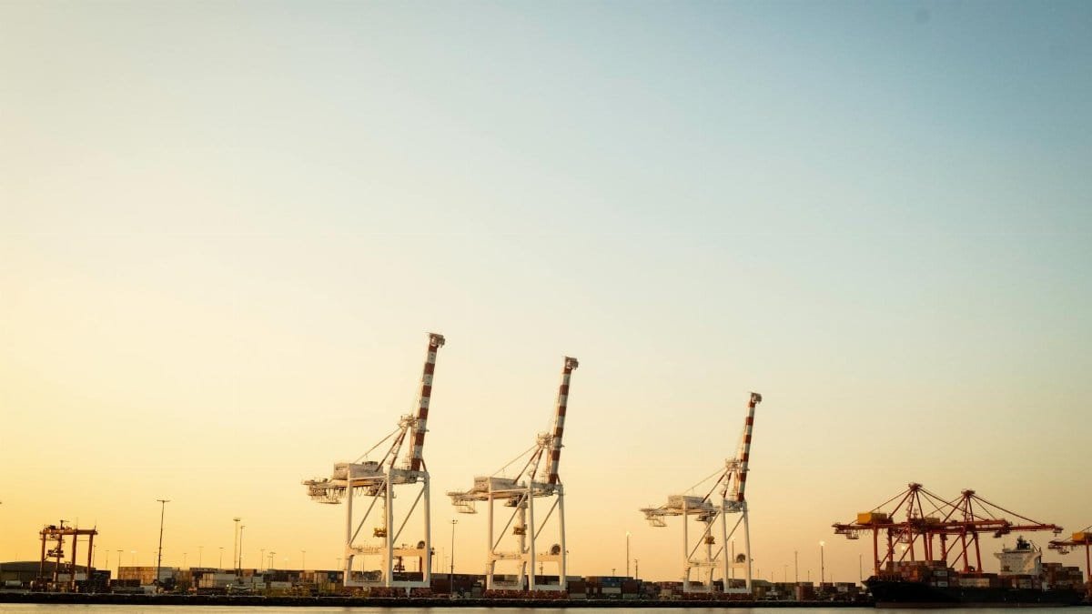 container ship and cranes at shipping yard in fremantle