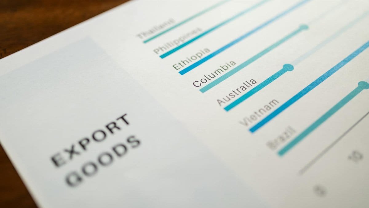 Chart displaying global export goods data, highlighting key countries and trends.