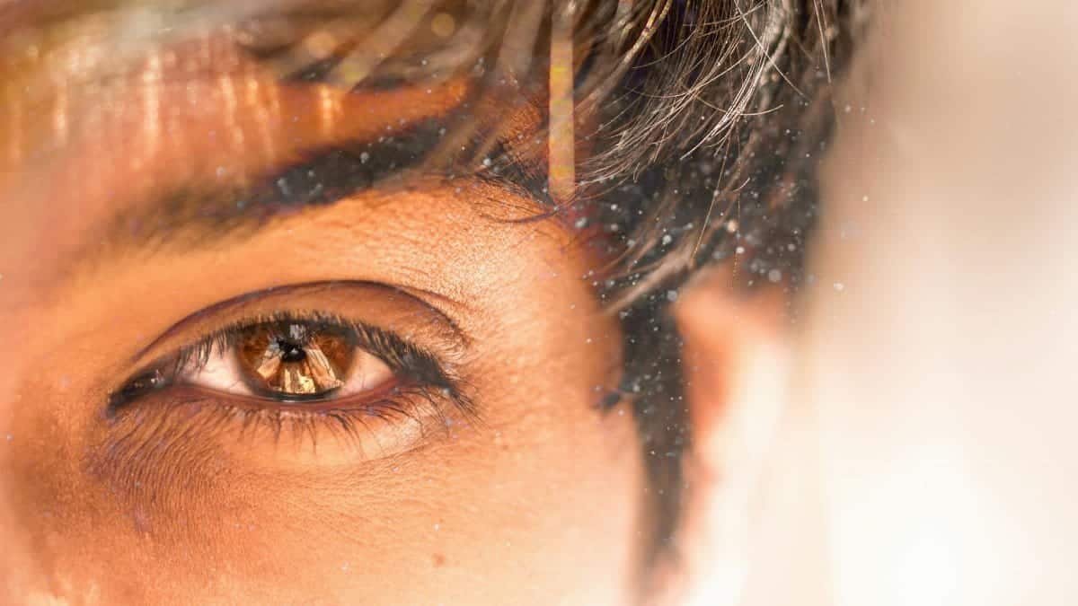 A detailed close-up of a human eye with dust particles reflecting natural light.