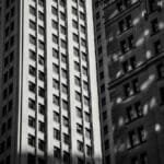 A striking black and white image of towering urban skyscrapers in a cityscape.