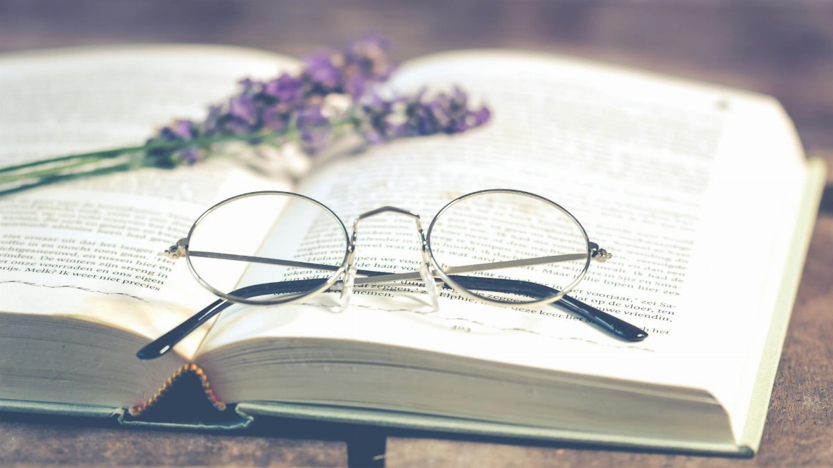 A serene close-up of eyeglasses resting on an open book with lavender flowers, emphasizing calm and reading pleasure.