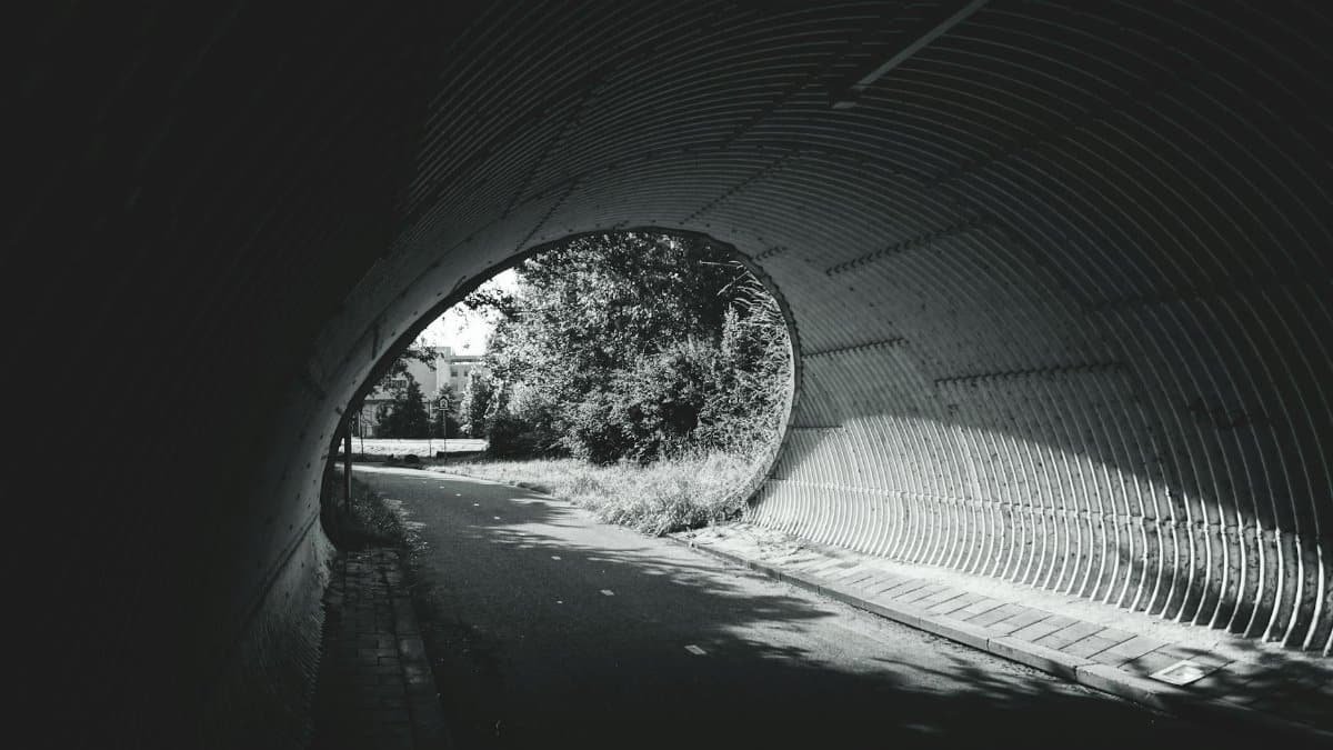 A black and white photo of a tunnel leading to a sunlit path with trees and shadows.
